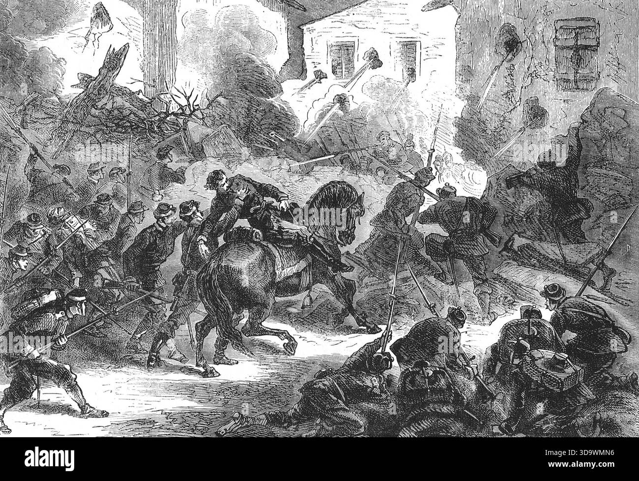 Ein scharfes Gefecht am Stadtrand von Paris, während der letzten Tage der Pariser Kommune. Stockfoto