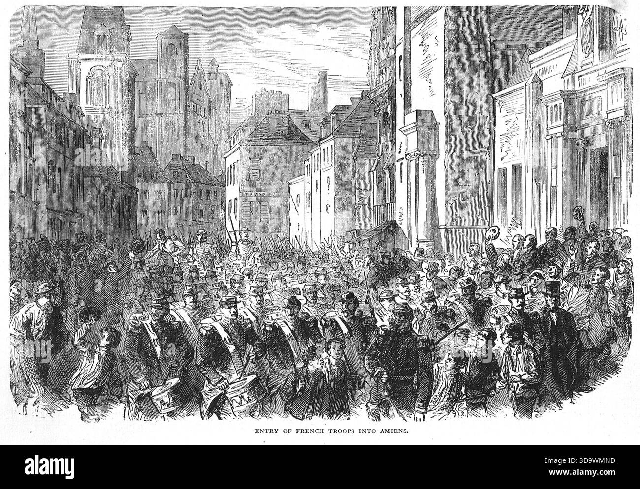Einzug französischer Truppen nach Amiens, Mai 1871. Rückkehr zur Wiederherstellung der Ordnung nach dem Ende des Deutsch-Französischen Krieges. Stockfoto