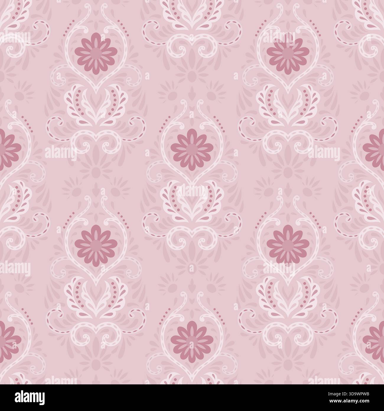 Weiches Rosafarbenes Folk Damask Blumenmuster Stock Vektor