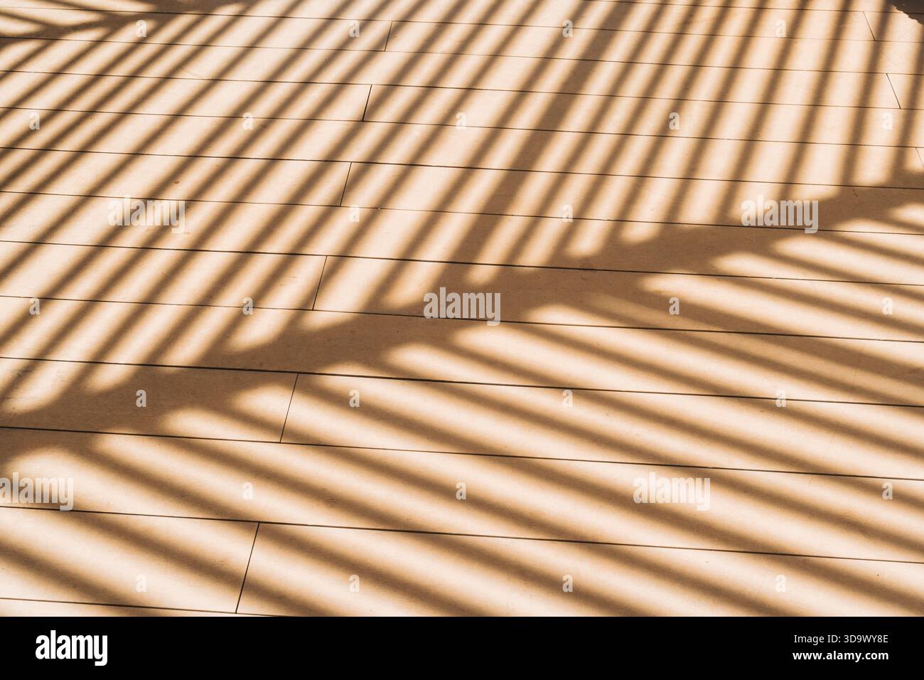 Diagonales Schattenmuster auf Holzboden von Lattendach Stockfoto