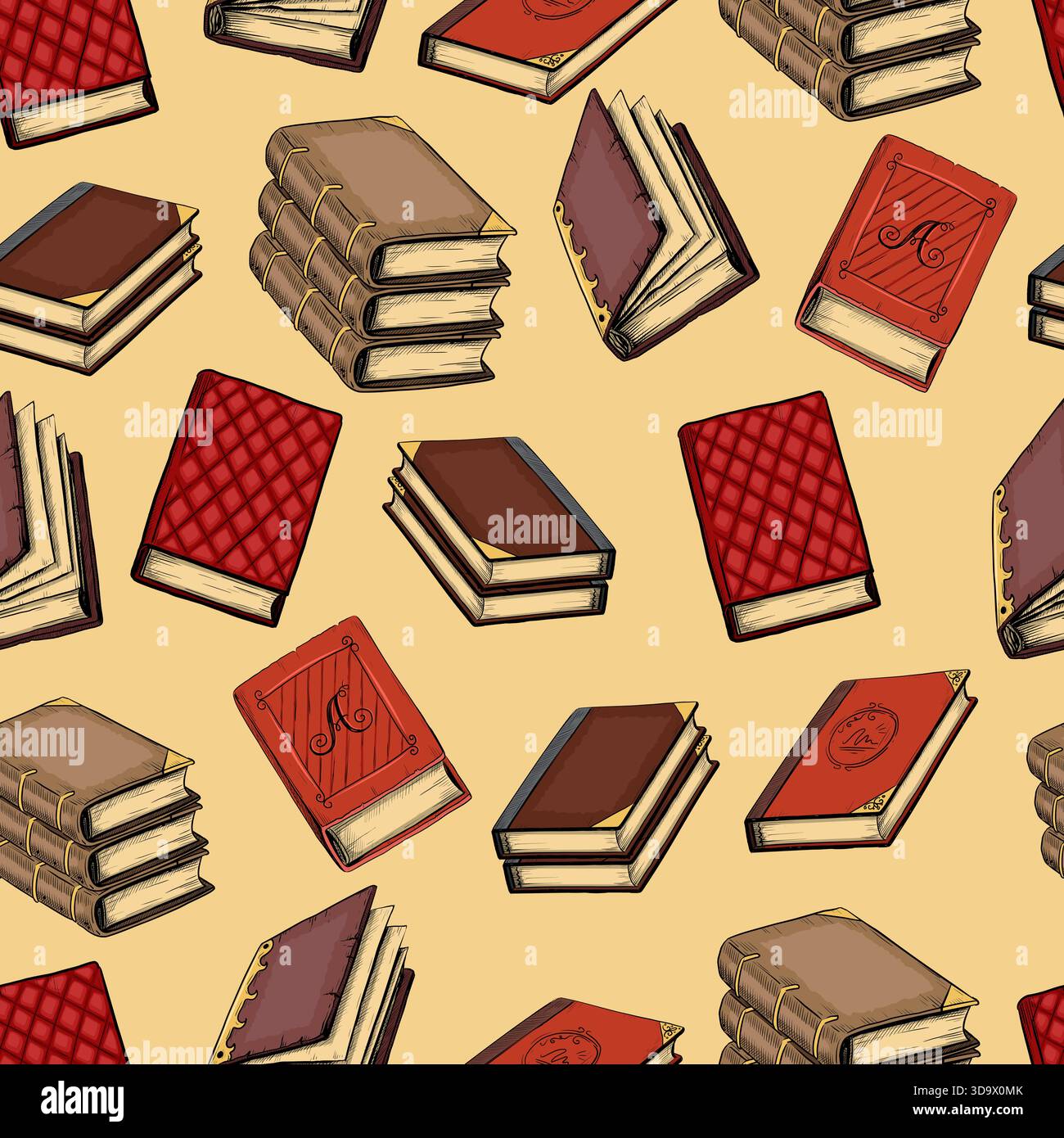 Nahtloses Buchmuster. Vintage-Hintergrund. Lesesymbol, Literaturstapel. Dekor aus Textil, Geschenkpapier, Tapete. Stoffdruck. Vektor-Cartoon flache Art isolierte Illustration Stock Vektor