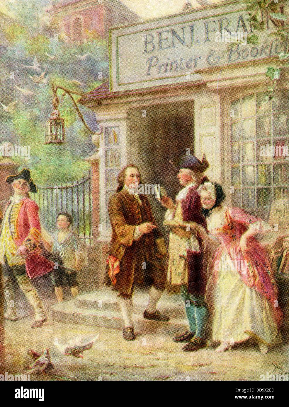 Der Titel von 1922 lautet: „Franklin's Book Shop aus der Ferris-Sammlung historischer Gemälde, die in der Congress Hall in Philadelphia ausgestellt werden. Mit freundlicher Genehmigung des Künstlers Herrn J L G Ferris.“ Benjamin Franklin (* 1790) war einer der Gründungsväter der Vereinigten Staaten, Verfasser und Unterzeichner der Unabhängigkeitserklärung und erster Generalpostmeister. Sein Geschäft war eine Druckerei, ein Postamt und eine wichtige Quelle für Bücher, Broschüren und Zeitungen im Kolonialamerika. Seine Zeit im Buchhandel war von entscheidender Bedeutung, da er zum Drucker wurde und sein Verständnis von Informationen beeinflusste Stockfoto