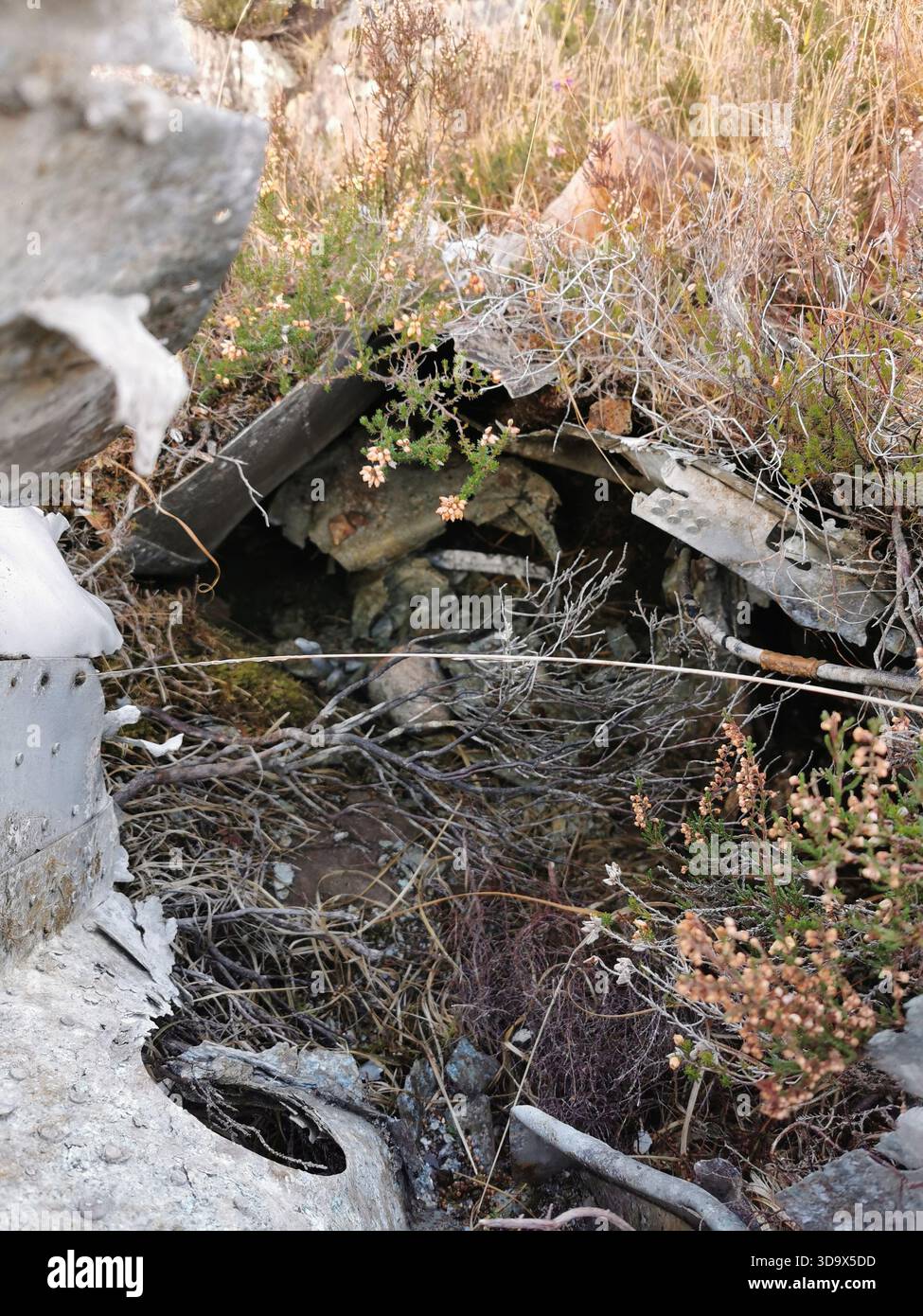 Twisted Wrack des B‑24H Liberator Sleepy Time Gal in den Fairy Lochs bei Gairloch, der Absturzstelle des Zweiten Weltkriegs, wo das Flugzeug am 13. Juni 1945 abstürzte. - Smartphone-aufgenommenes Stockfoto