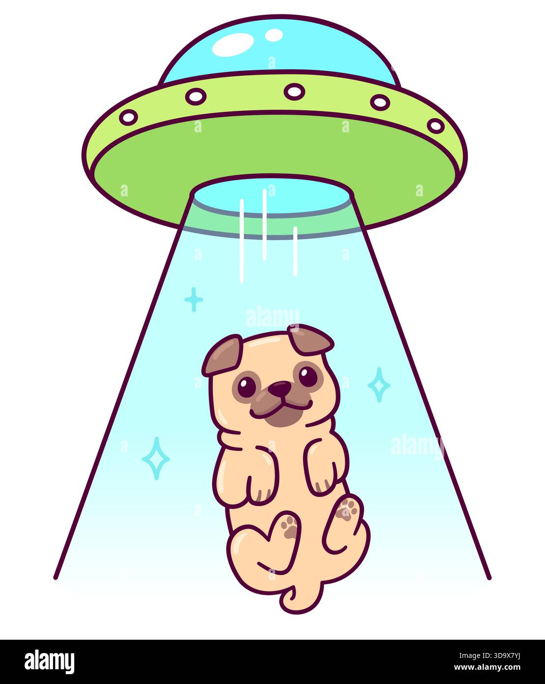 Aliens auf fliegende Untertasse entführen Hund. Lustige Zeichentrickmops und UFO-Zeichnung, Vektorillustration. Stock Vektor