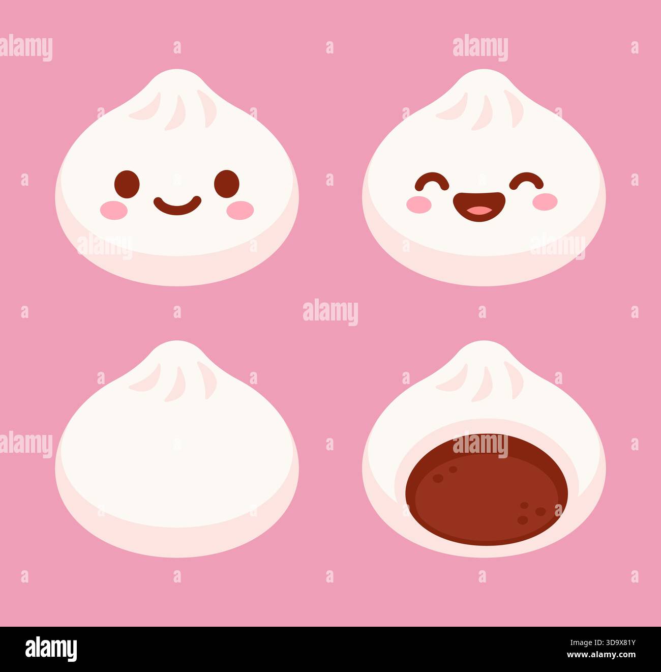 Baozi, Dim Sum, xiaolongbao. Traditionelle chinesische Teigtaschen mit Kawaii-Gesicht und Querschnitt mit Füllung. Asiatische Lebensmittel Vektor-Illustration. Stock Vektor