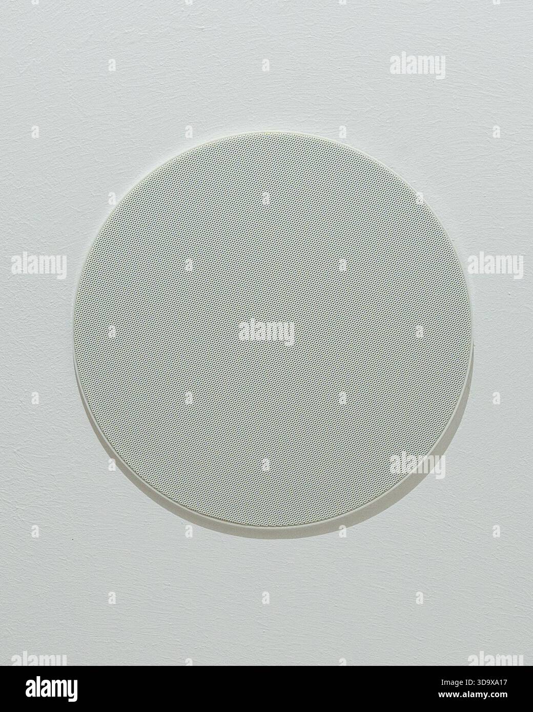 Nahaufnahme eines kreisförmigen, an der Wand montierten Lautsprechergitters mit dezentem, strukturiertem Netz. Sauberer, moderner Look, geeignet für Audiosysteme, zu Hause Stockfoto