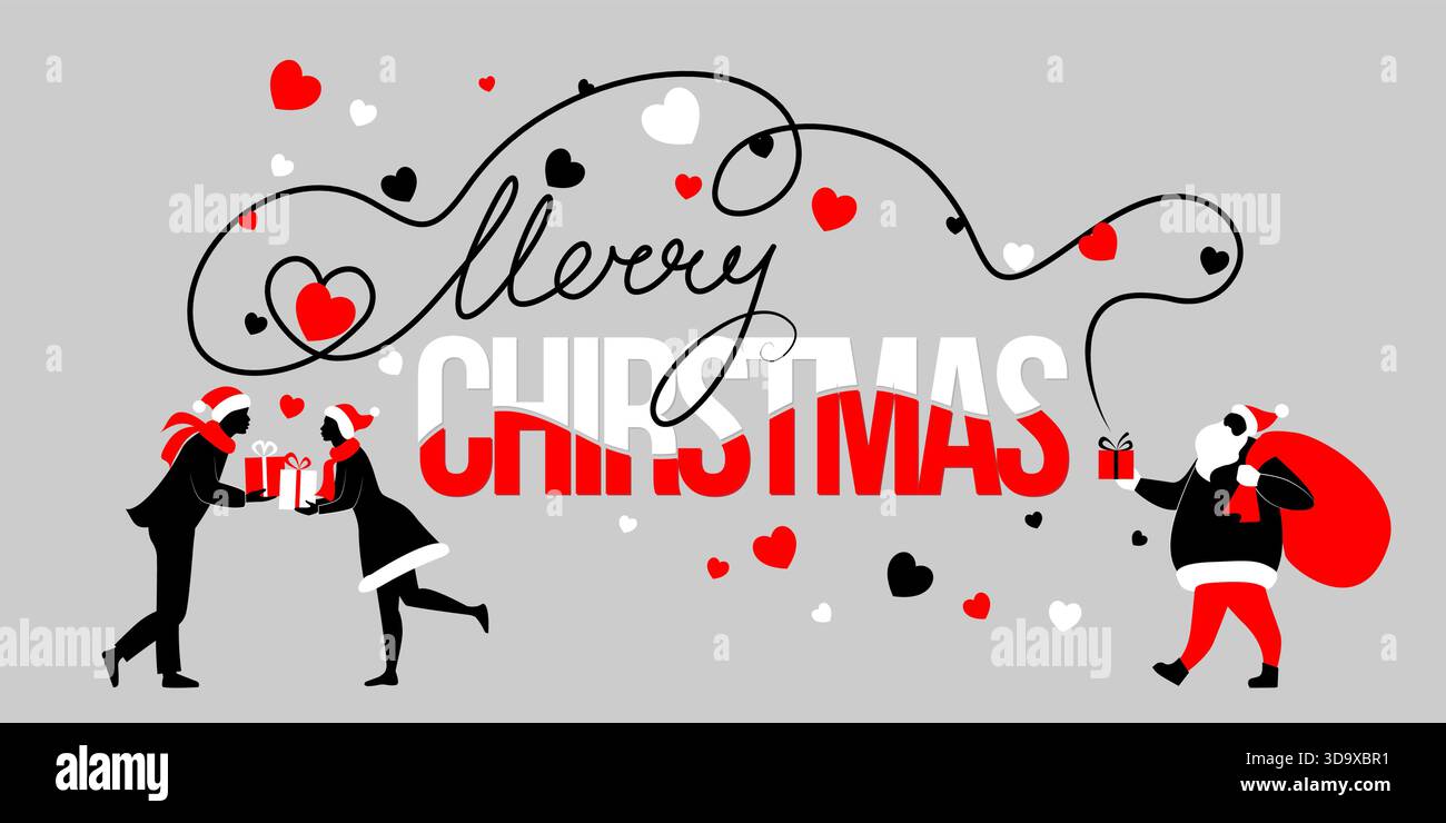 Frohe Weihnachtskarte auf hellgrauem Hintergrund. Silhouetten von liebevollen Paaren Mann und Frau und Weihnachtsmann, die einander verpackte Geschenke überreichen, Stock Vektor