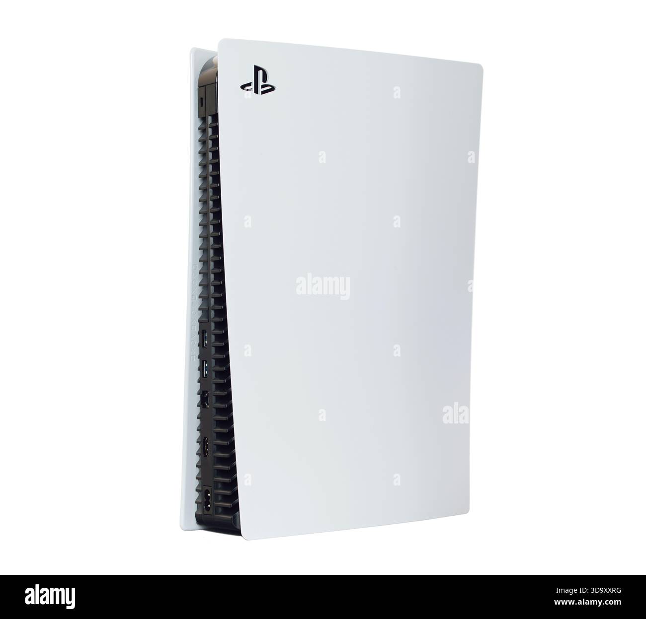 Eine weiße PlayStation 5-Spielekonsole mit schwarzem Controller. Der Controller ist schwarz und hat ein weißes Logo Stockfoto