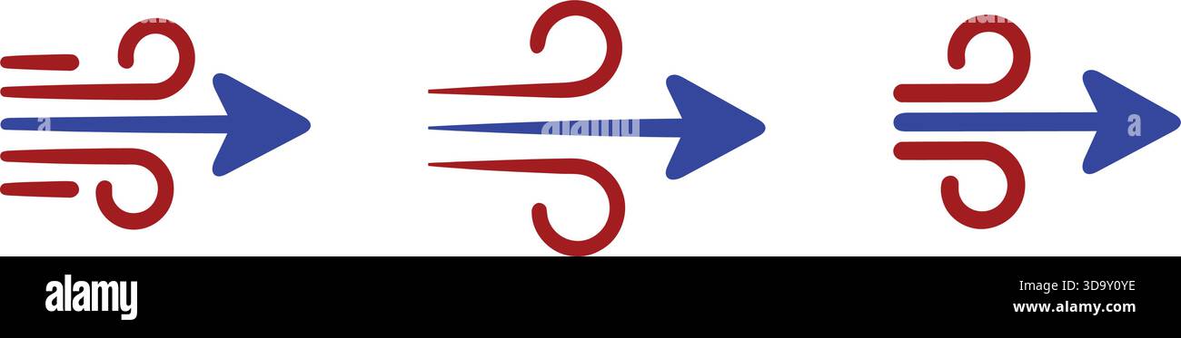 Drei unterschiedliche grafische Darstellungen, die das Konzept des Windes zeigen. Jedes Symbol zeigt einen blauen Pfeil nach rechts, begleitet von einer roten gekrümmten Linie Stock Vektor