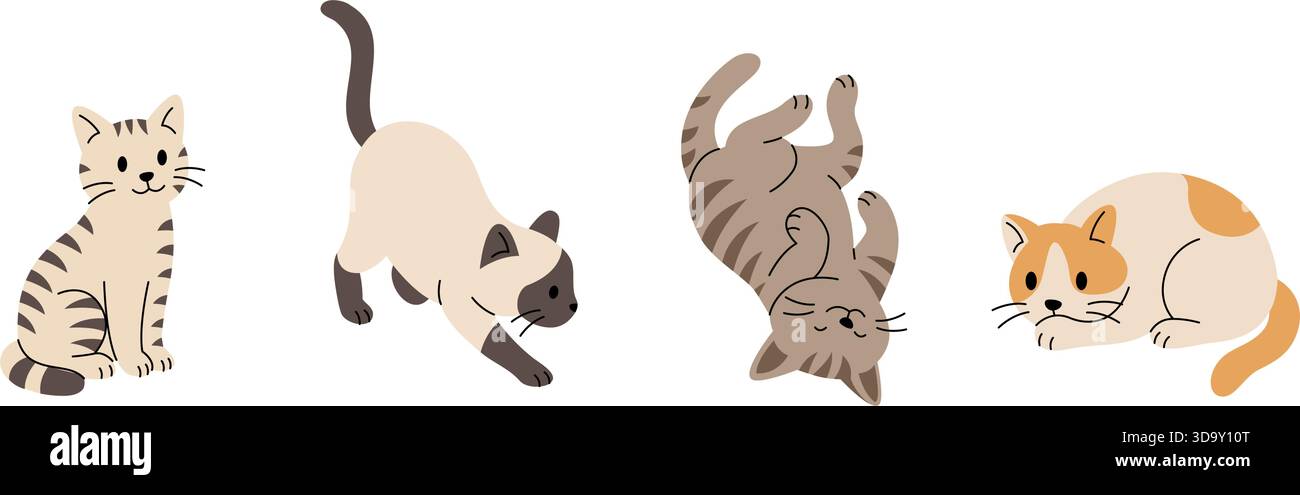 Set mit vier Cartoon-Katzen. Flache Vektor-Illustration von verspielten und entspannten Katzentieren Stock Vektor
