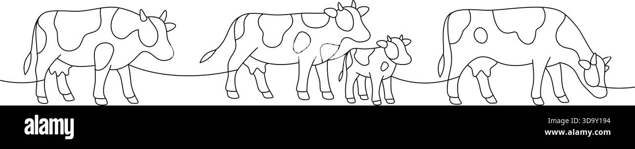 Vier Kühe und Kälber. Minimalistische Gruppenzusammensetzung ländlicher Viehfamilien Stock Vektor