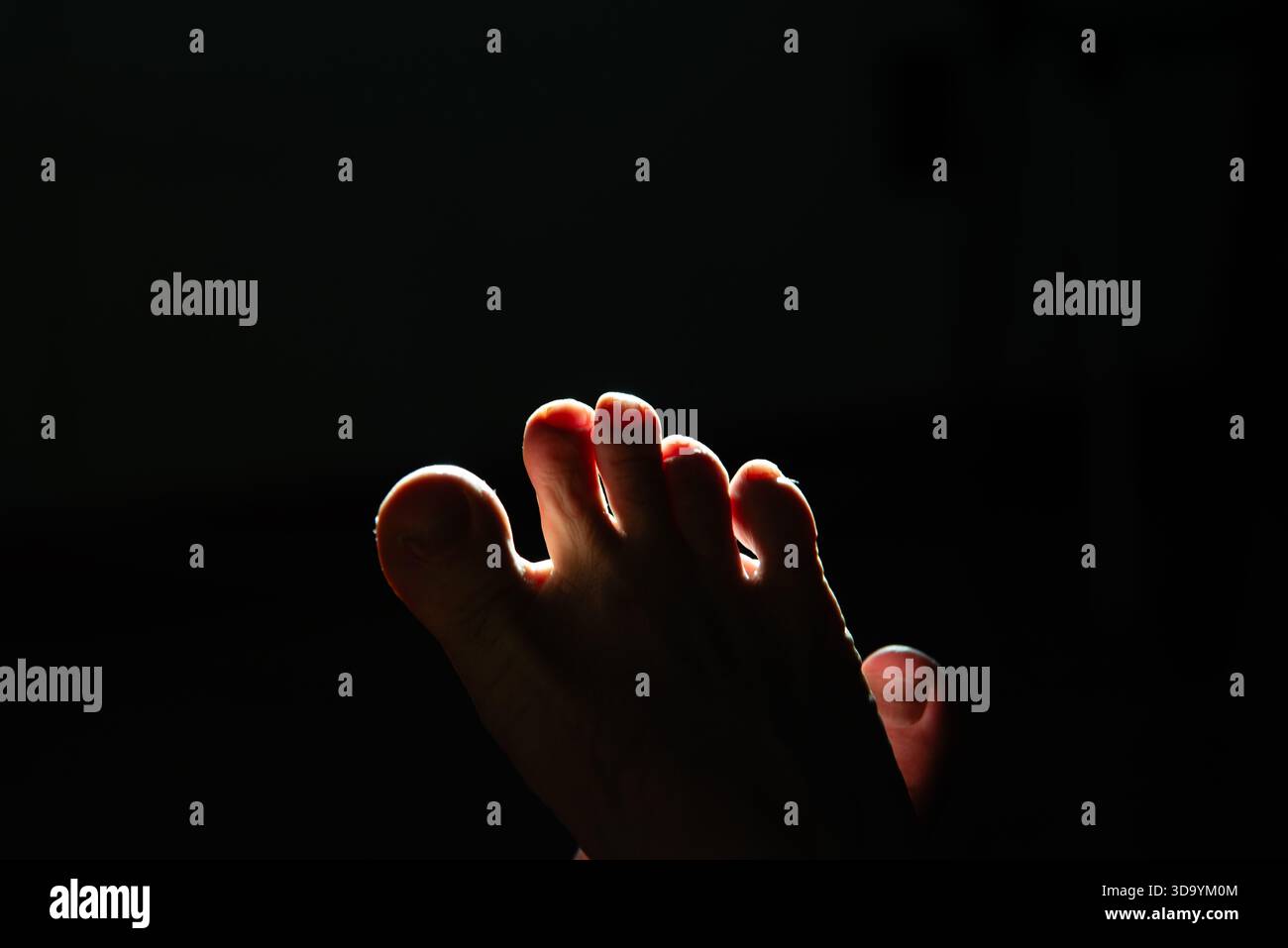 Zwei leicht überkreuzte oder nebeneinander stehende Füße, von unten betrachtet, in kompletter Hintergrundbeleuchtung vor schwarzem Hintergrund, wodurch eine sehr feine Lichtkontur entsteht. Stockfoto