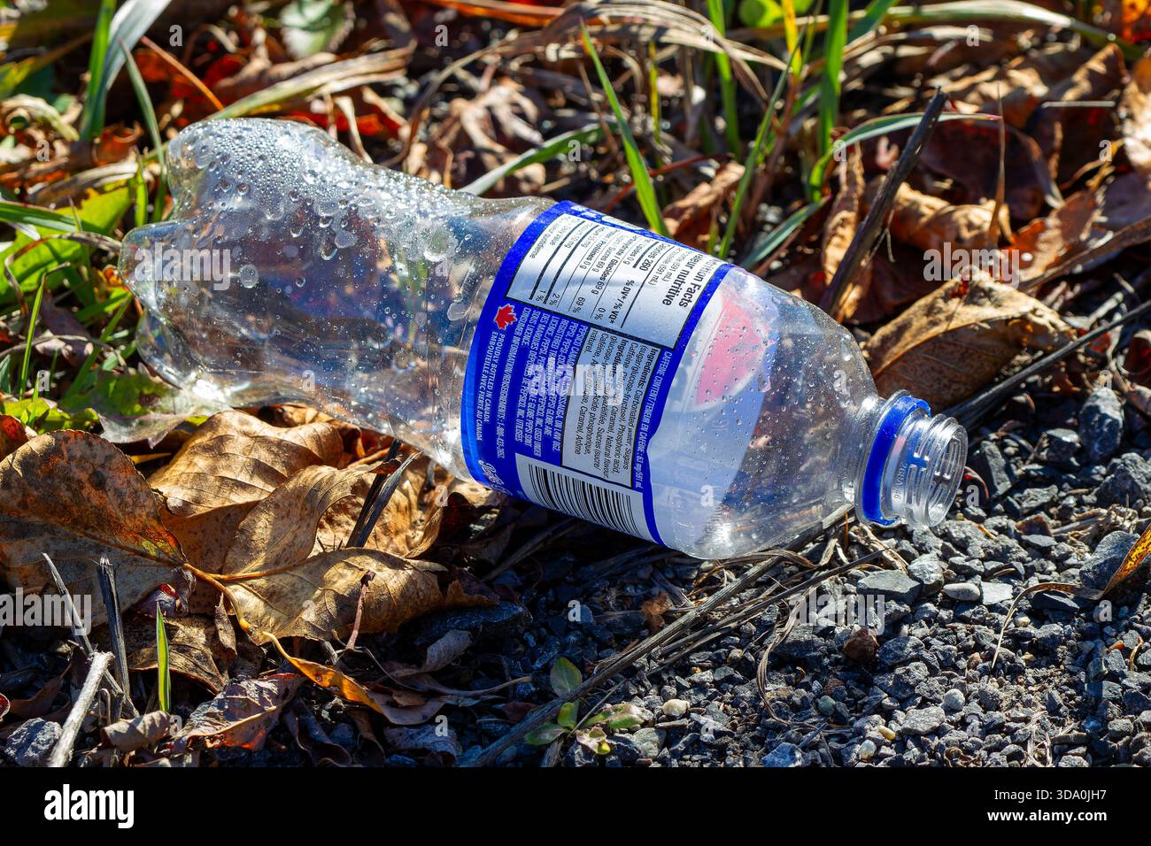 Leere Plastikflasche für Erfrischungsgetränke auf dem Boden Stockfoto