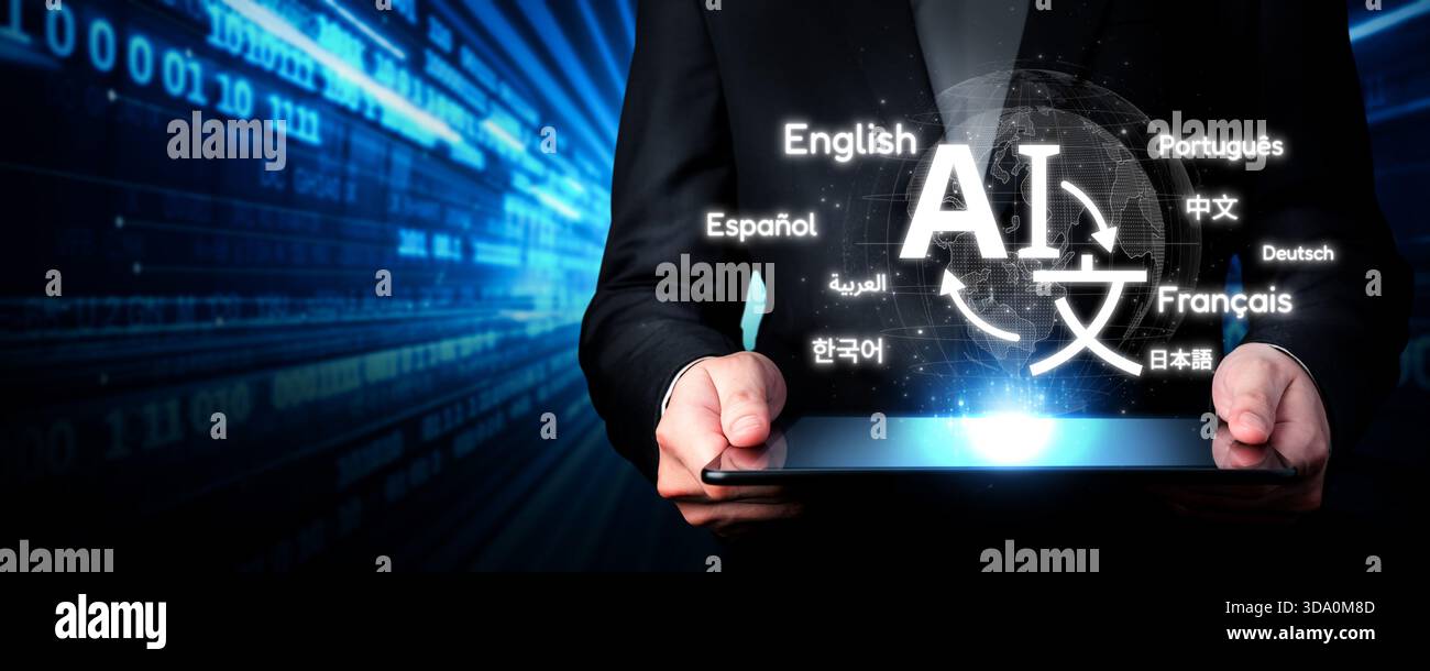 Ein Profi stellt fortschrittliche KI-Technologie für die Sprachübersetzung auf einem Tablet vor und hebt wichtige Sprachen wie Englisch, Spanisch und Französisch hervor Stockfoto