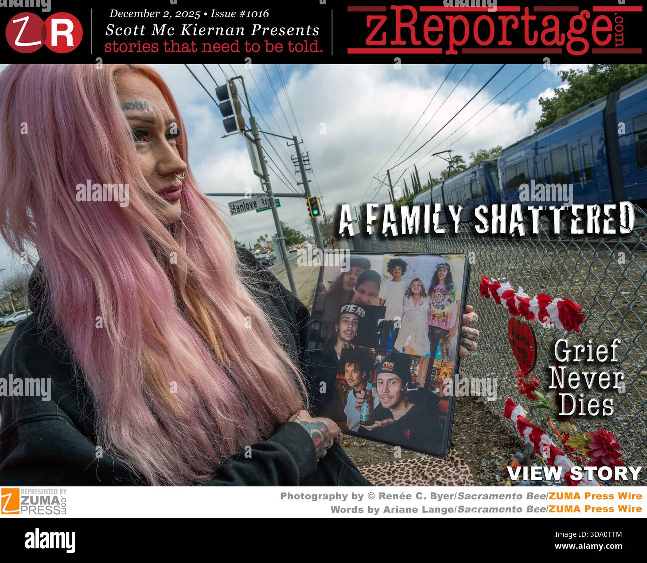 zReportage.com Ausgabe #1016 Story of the Week: Veröffentlicht AM DIENSTAG, 2. Dezember 2025: „A Family Shattered: Trauer Never stirbt“ aus ZUMA repräsentierte Pulitzer-Gewinner Renee C. Byer Staff bei der Sacramento Bee: Als der 21-jährige Andrew „Drew“ Pringle 2023 von einem Fahrer getötet wurde, der in Rosemont, Kalifornien ein rotes Licht fuhr, wurden, waren seine Mutter und seine Schwestern verwüstet und die gedämpfte Reaktion des Rechtssystems noch tiefer. Der Fahrer, der Drew traf, wurde acht Monate im Gefängnis inhaftiert. Sacramento County hat die Kreuzung nicht verändert. Für seine Familie fühlte es sich an, als hätte Kalifornien sein Leben als Expen behandelt Stockfoto