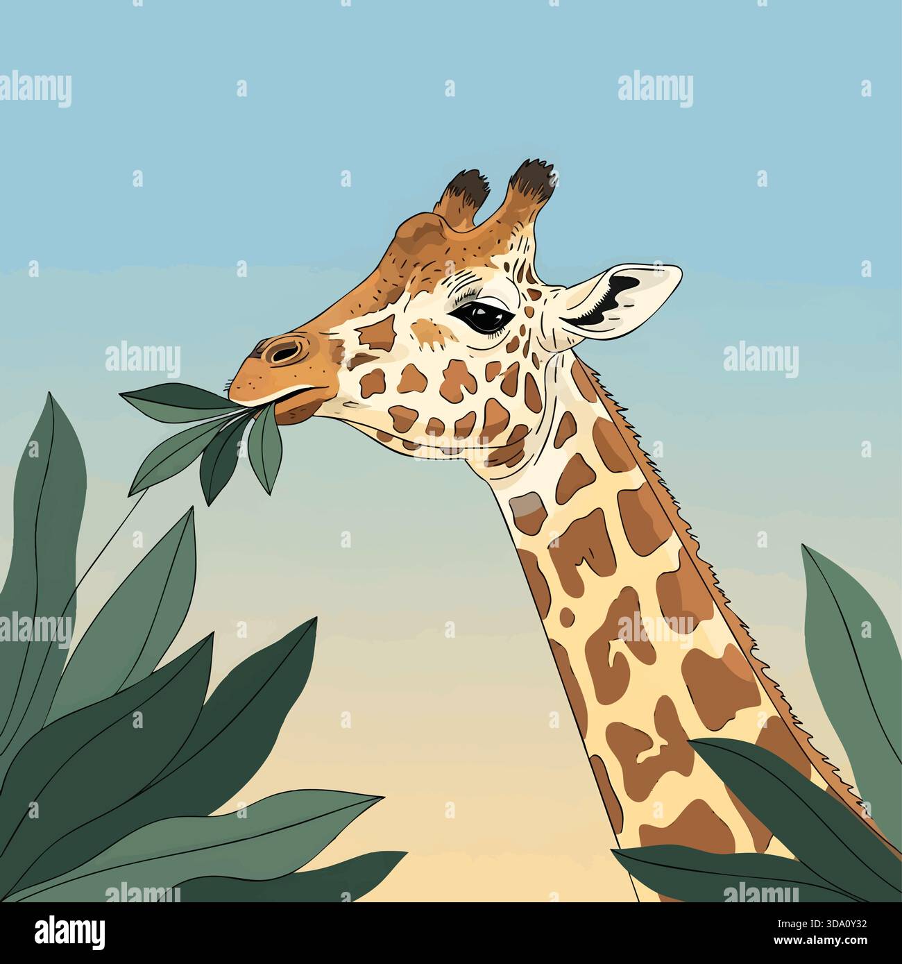 Sanfte Giraffe, Die Üppige Grüne Blätter Im Freien Isst Stock Vektor