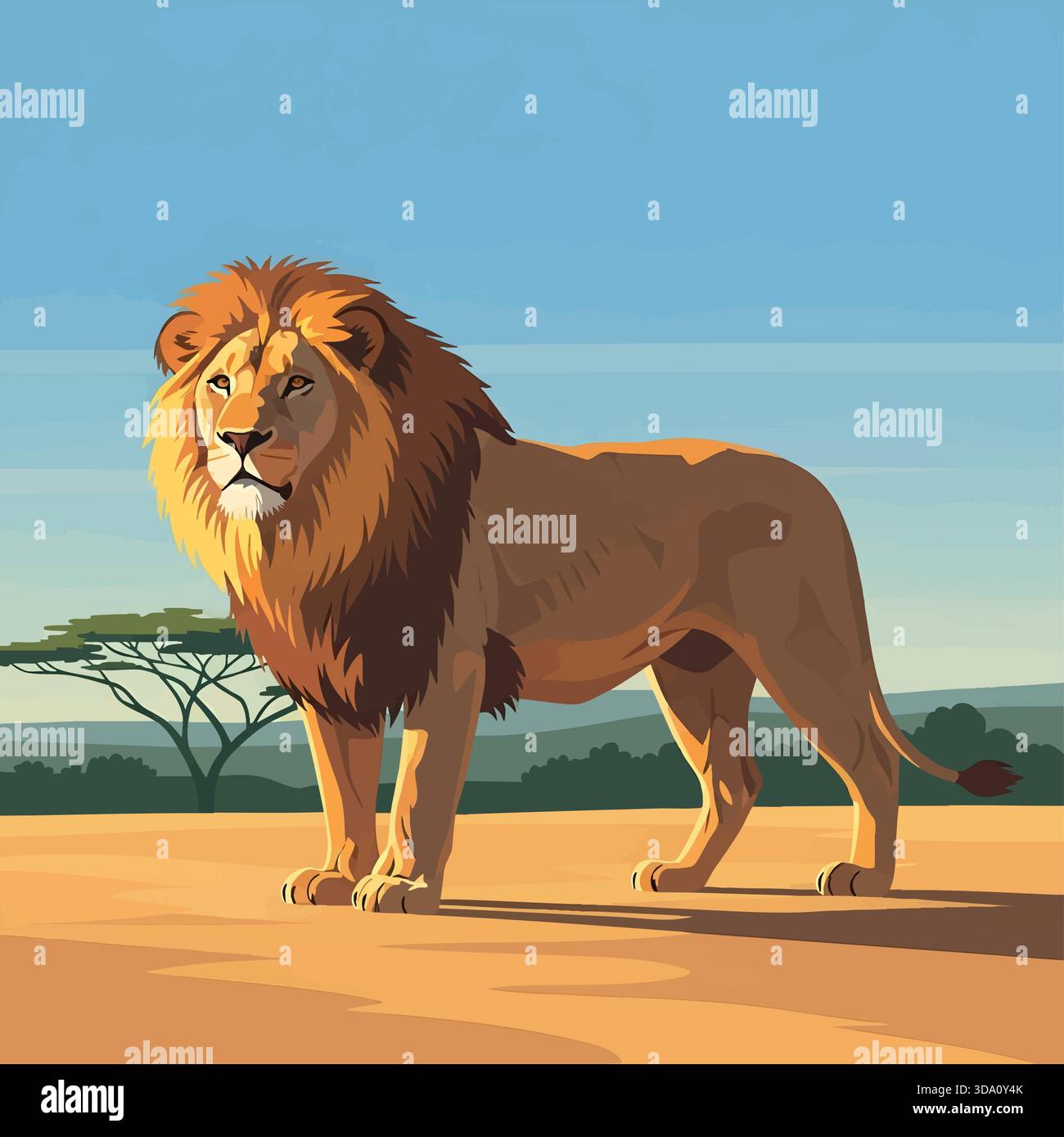 Der majestätische afrikanische Löwe steht stolz auf der Savanna Plains Stock Vektor