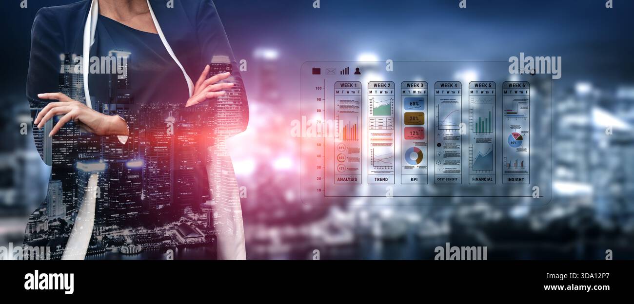 Ein wöchentlicher Business Performance-Bericht und ein Analyse-Dashboard. Ein Konzept zur Verfolgung von Trends, KPIs, Finanzdaten und Einblicken im Zeitverlauf. Motiv Stockfoto