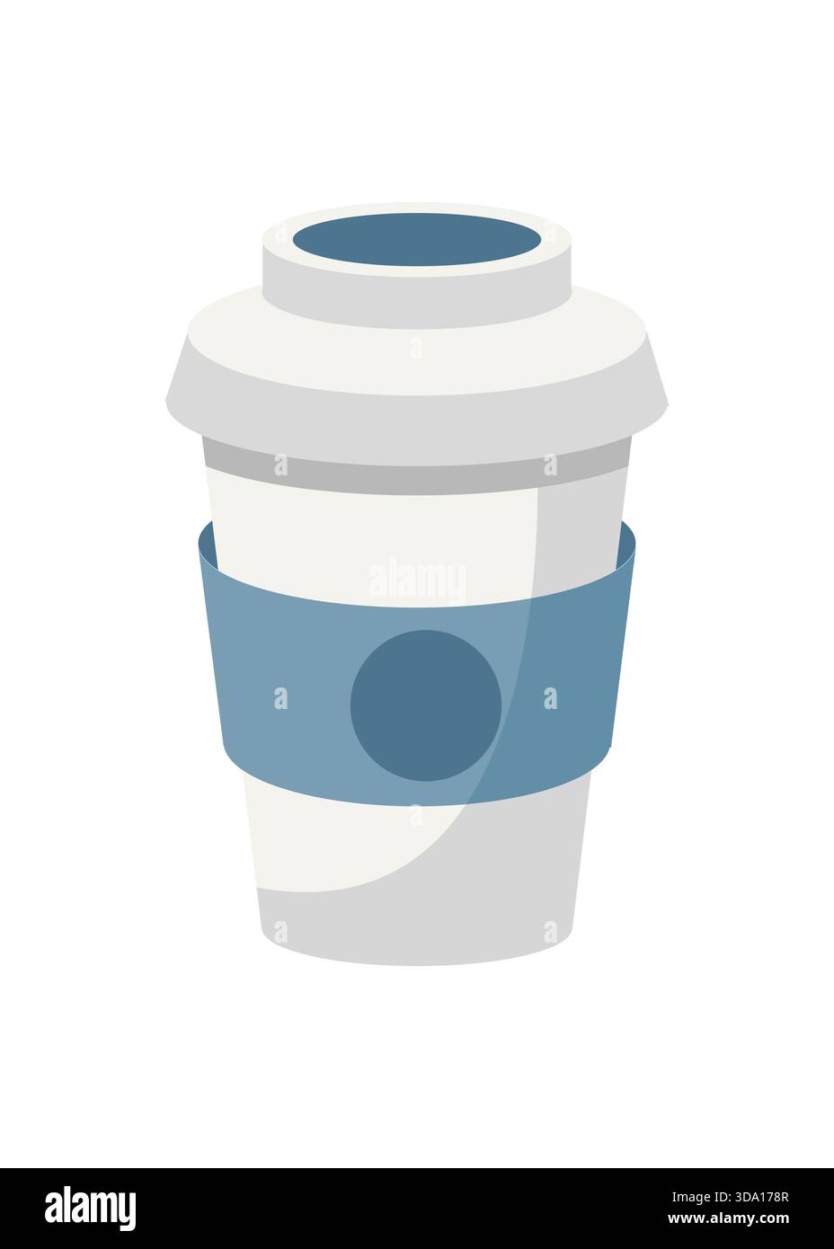 Kaffeepapierbecher Design, Zeichentricksymbol isoliert auf weißem Hintergrund. Coffee to Go, Take-away-Konzept. Weißes Glas mit blauem Etikett. Vektorabbildung Stock Vektor