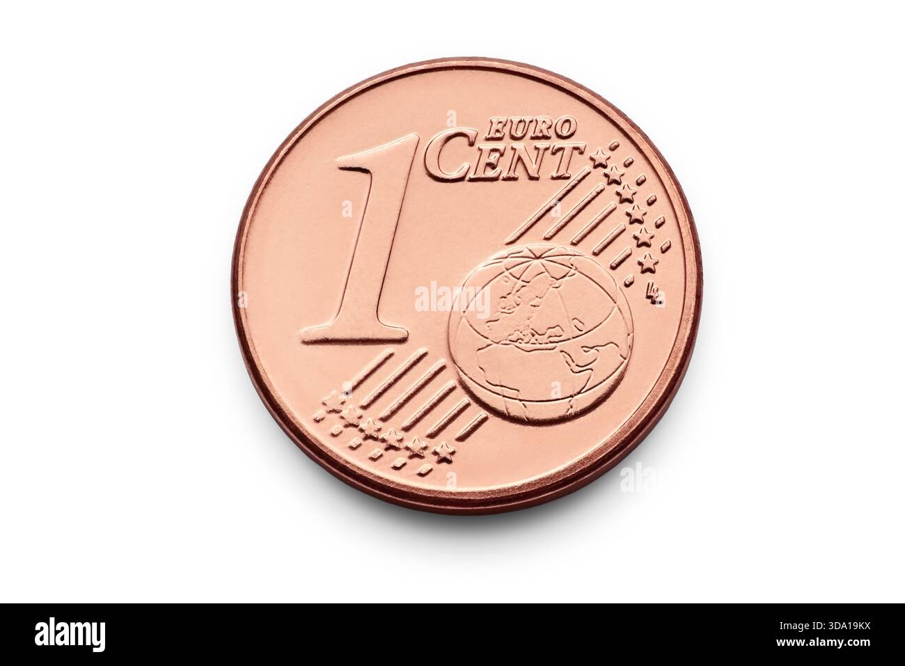 1 Euro-Cent-Münze, Makro isoliert auf weißem Hintergrund Stockfoto