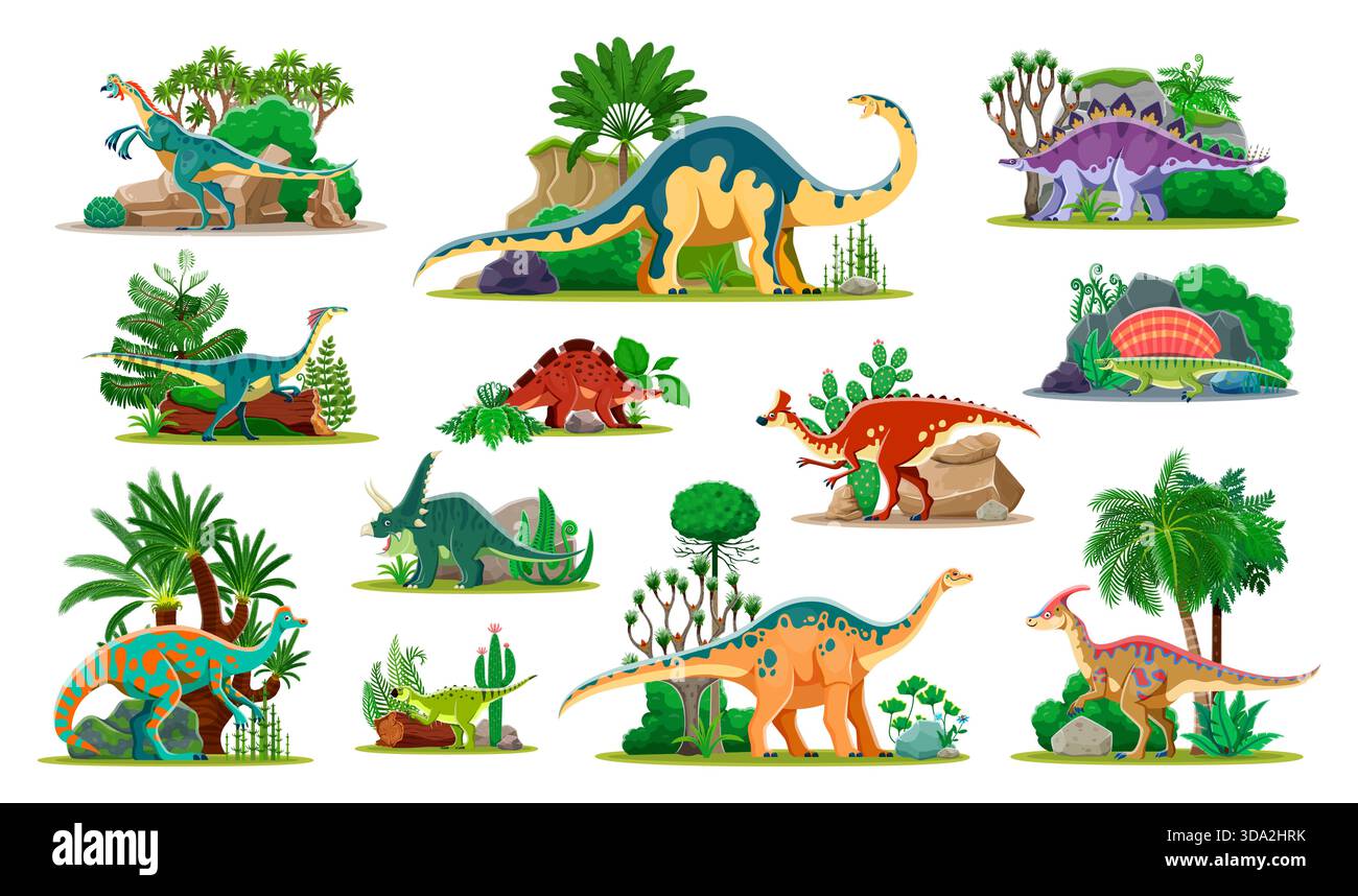Prähistorische Dinosaurierfiguren unter Landschaftspflanzen. Oviraptor, Gallimimus, Jaxartosaurus und Psittacosaurus, Chasmosaurus, Wuerhosaurus Cartoon Vektor-Dinosaurier, prähistorische Baum- und Farnpflanzen Stock Vektor