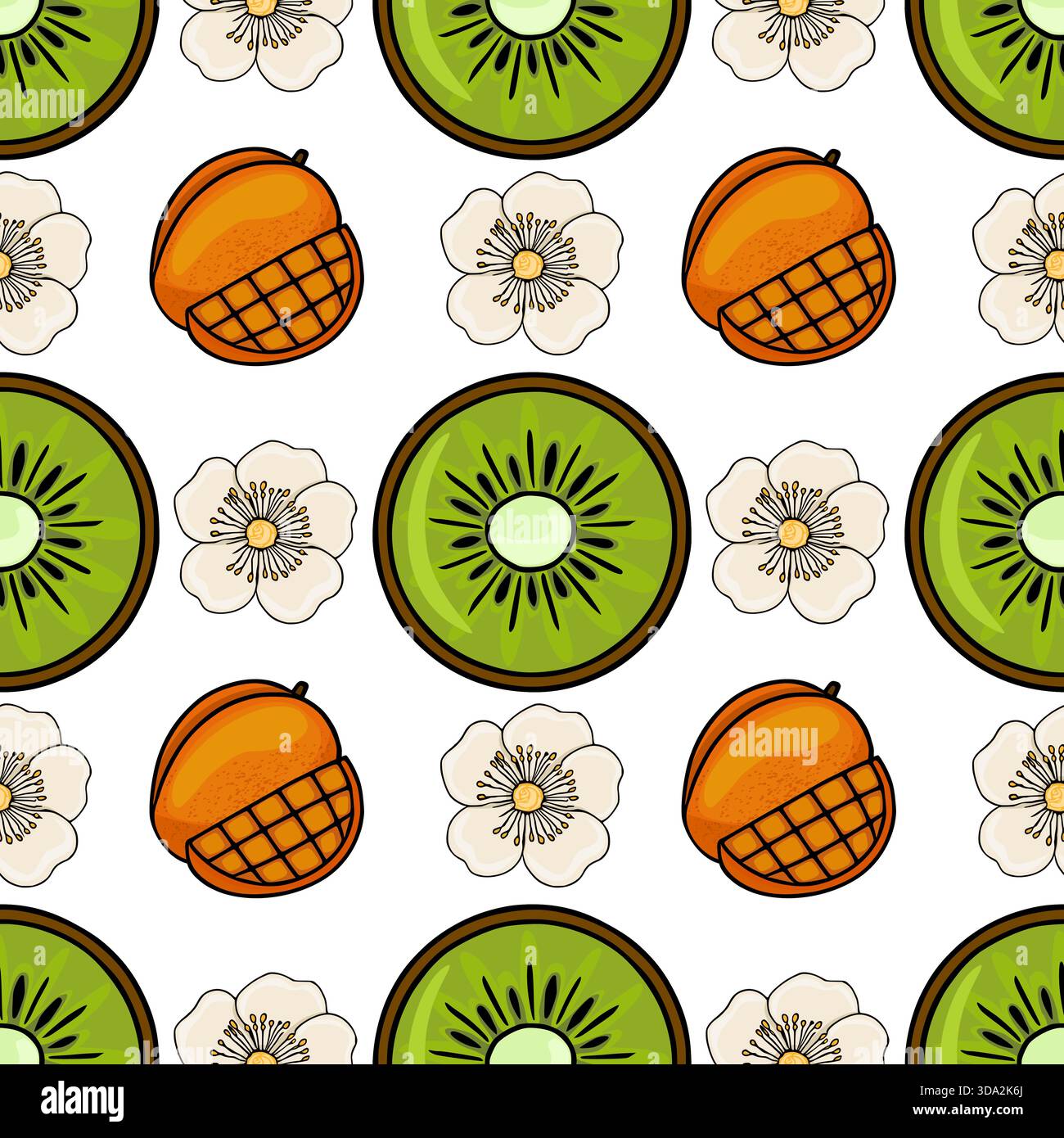 Nahtloses Vektormuster von geschnittenen Kiwifrüchten, Reifen Mangos und zarten weißen Blüten auf einem sauberen weißen Hintergrund. Stock Vektor