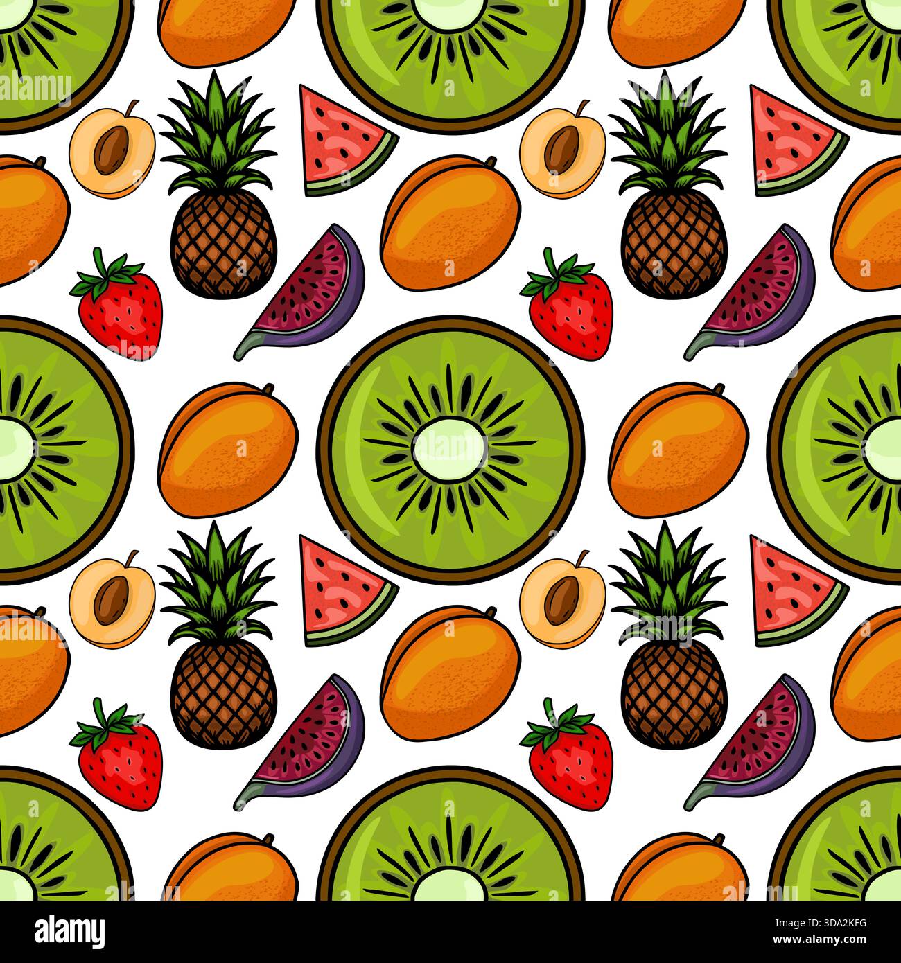 Ein lebhaftes, nahtloses Vektormuster mit einer herrlichen Anordnung von tropischen und gewöhnlichen Früchten, einschließlich Ananas, geschnittene Kiwis, Mangos und Stra Stock Vektor