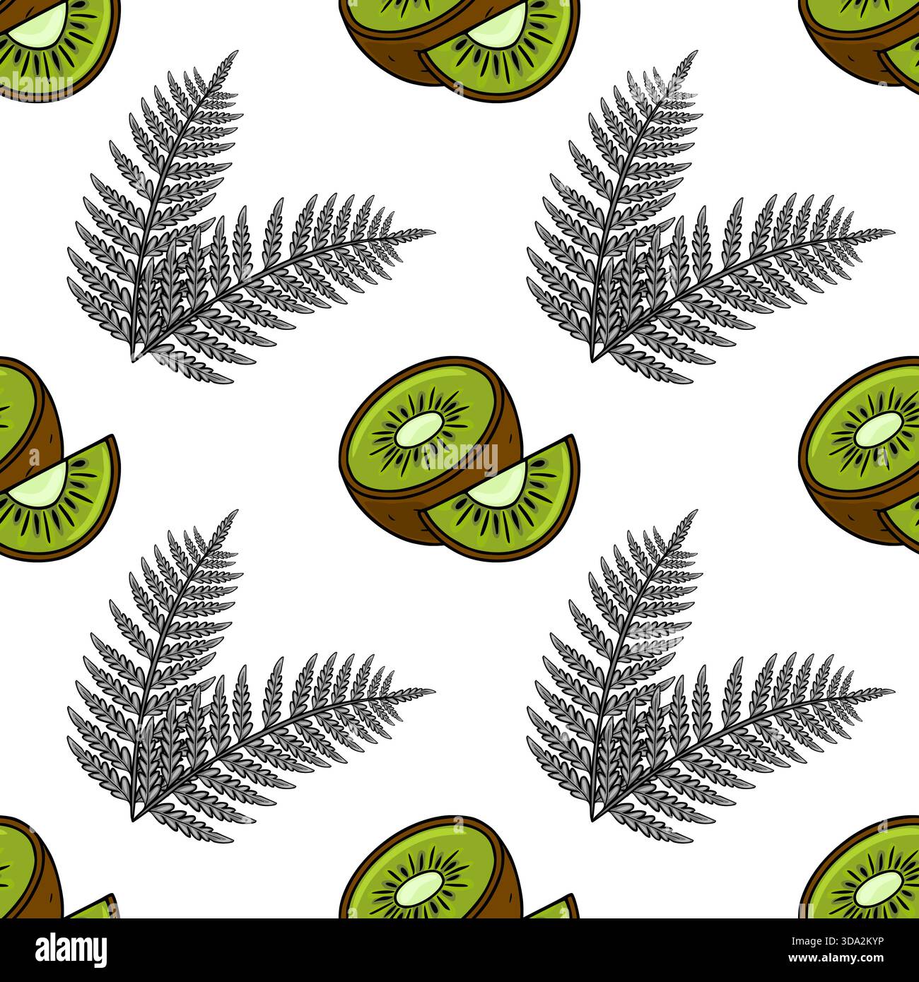 Nahtloses Vektormuster mit stilisierten Kiwi-Fruchtscheiben und Farnwedeln vor einem sauberen weißen Hintergrund. Stock Vektor