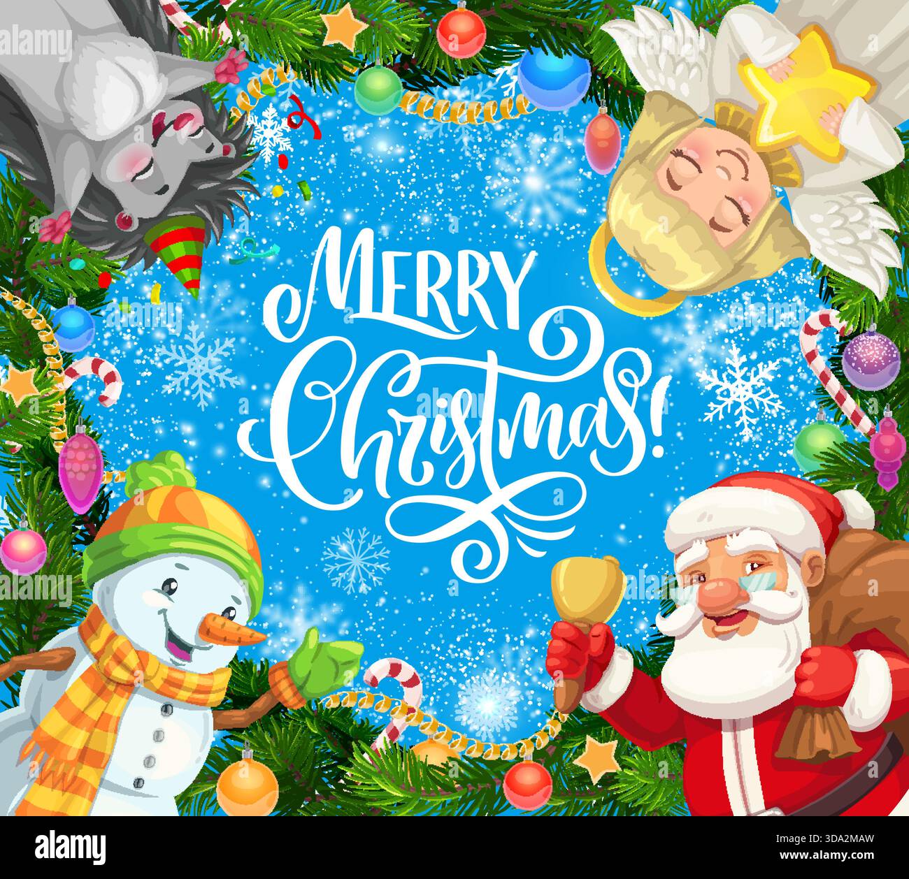Frohe Weihnachtsgrußkarte mit Weihnachtsfiguren. Festliches Banner mit lächelndem Schneemann, Weihnachtsmann mit Glocke, süßer Winterengel und Igel. Kiefernäste, Ornamente und Schneeflocken Stock Vektor