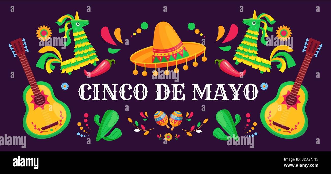 Cinco de Mayo-Banner. Mexikanisches Festival helles Poster mit Pinatas, Sombrero-Hut, Paprika, Gitarren. Dekoratives fiesta-Feiertagsdesign, heute Vektor Stock Vektor