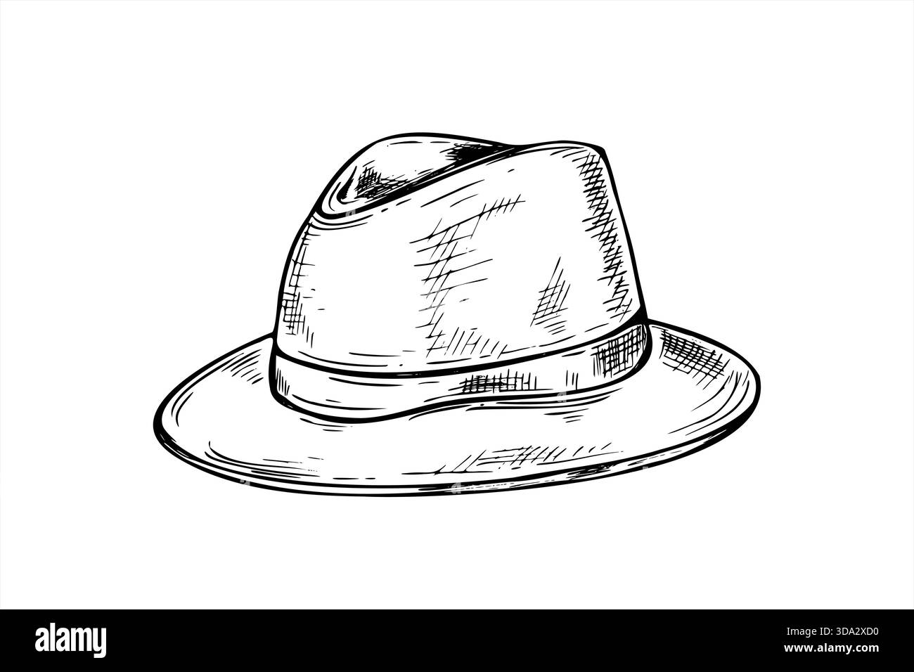 Monochrome Filz Fedora Safari Hut Vektor isolierte Illustration gemalt mit schwarzen Tinten. Reise Borsalino Mann Kopfschmuck für Abenteuer Blog Stock Vektor