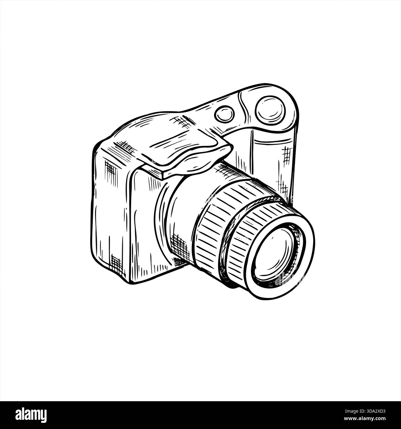 Professionelle Kamera mit verlängertem Objektiv und aufnahmebereiter Vektor-isolierter Illustration, gemalt mit schwarzen Tinten. Stock Vektor