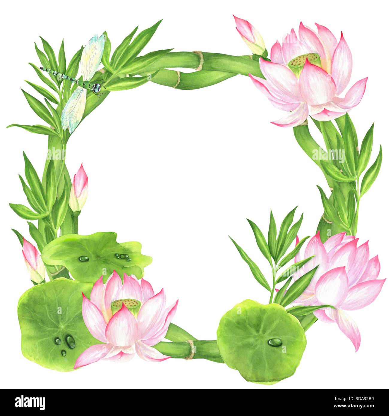 Blumenkranz aus grünen Bambusstämmen und Blättern, rosa Lotusblüten und grünen Blättern. Chinesisches Gartenklipart. Handgezeichnete Aquarellillustration für AS Stockfoto