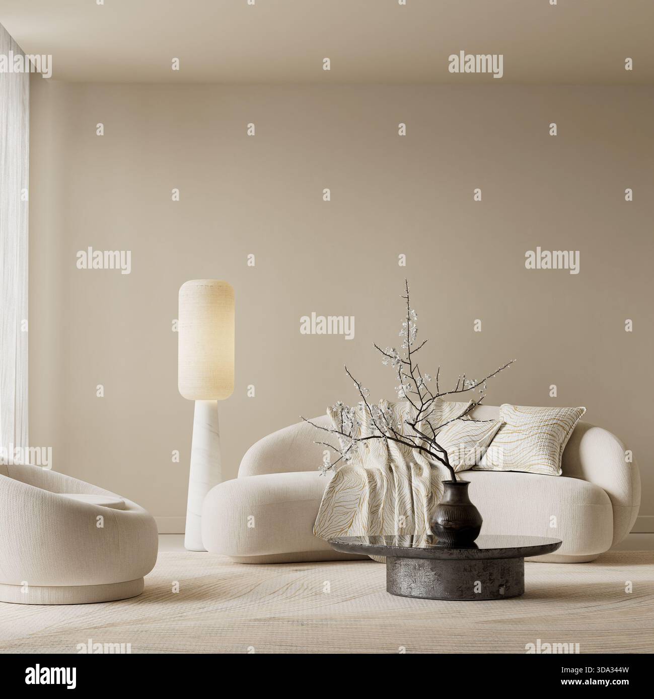 Ein ruhiger, minimalistischer Raum in Japan mit absichtlicher negativer Raumausgleich, warmer Beleuchtung, natürlichen Akzenten und weichen neutralen Formen für eine raffinierte Fortsetzung Stockfoto