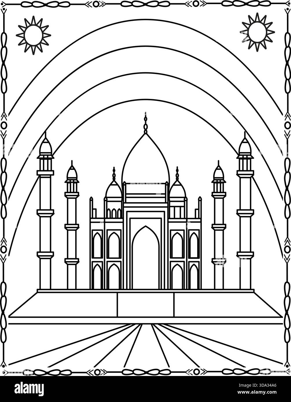 Wunderschöne Malseite Der Islamischen Moschee. Elegante Masjid Line Art für Kinder und Erwachsene. Stock Vektor