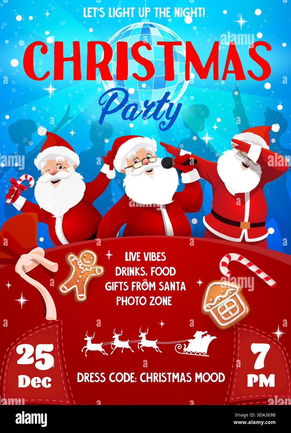 Weihnachtsfeierflyer mit Weihnachtsmann tanzen auf der Tanzfläche für Winterferien, Vektorbanner. Weihnachtsfeier-Flyer für Feierlichkeiten mit Live-Musik und Unterhaltung mit fröhlichen Weihnachtsgeschenken und Weihnachtsgeschenken Stock Vektor