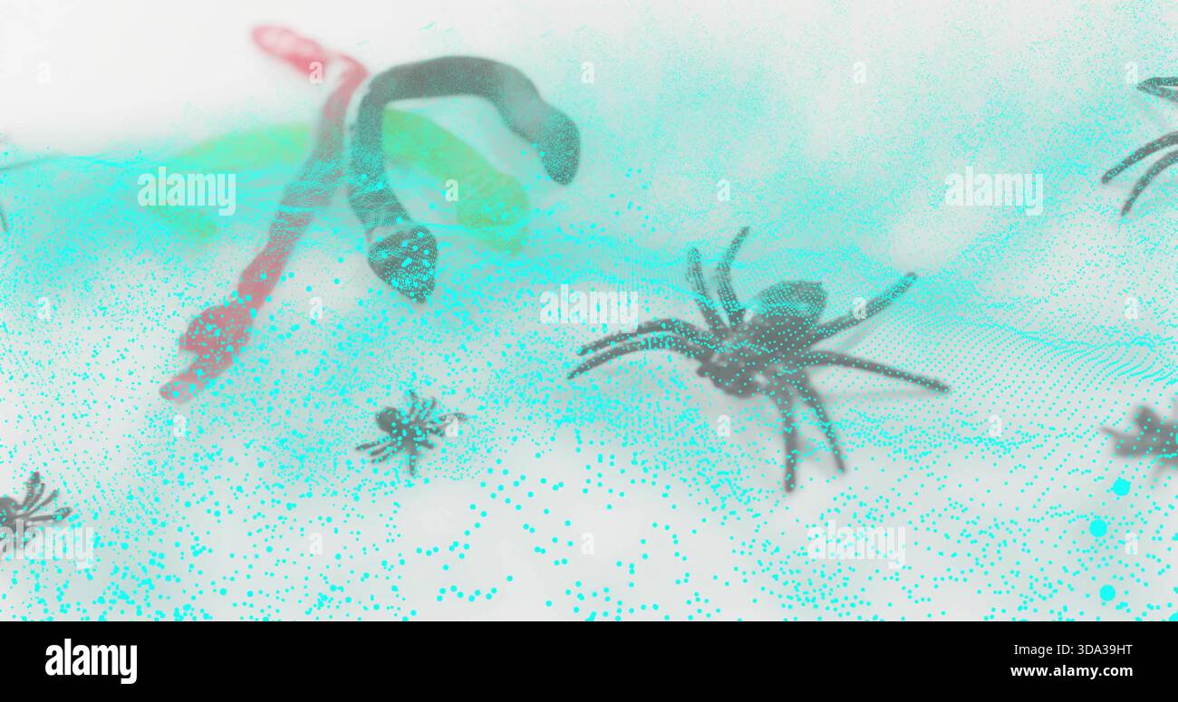 Krabbelnde Tarantelspinne rechts vor weißem Hintergrund, mit türkisfarbenem Partikelnetz und Schlange, Kopierraum Stockfoto