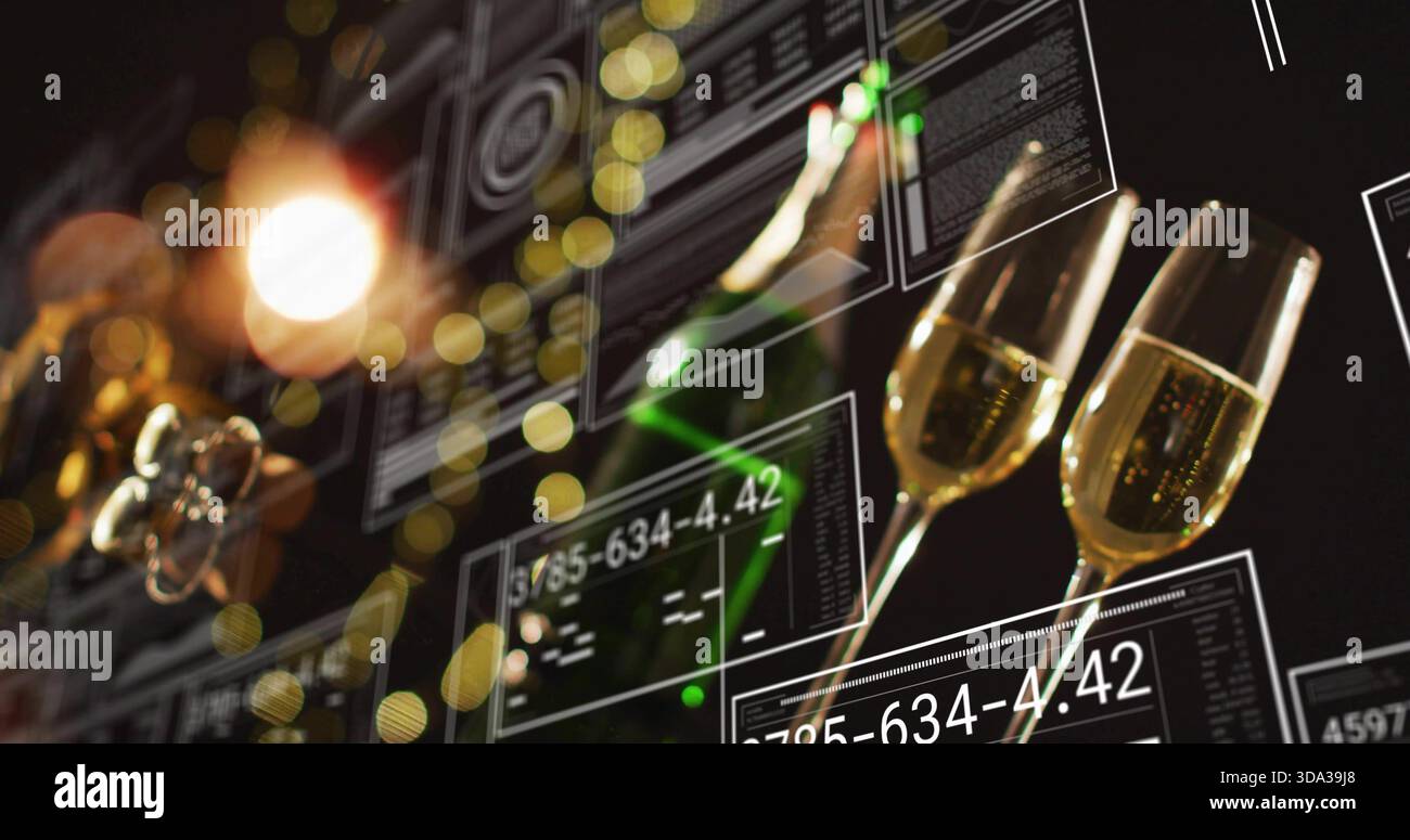 Zwei Sektflöten, die rechts in der Partybar sprudeln, grüne Flasche, HUD-Anzeigen, Kopierraum Stockfoto