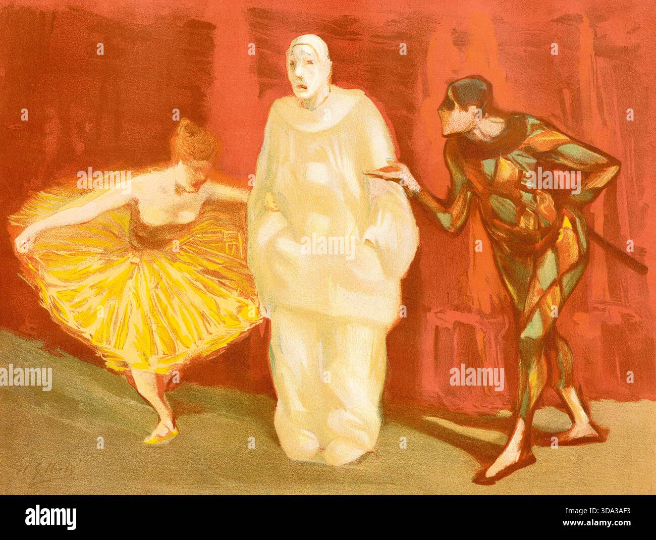 Henri-Gabriel Ibels – Pantomime – 1898 – das Werk erschien 1898 für die Pariser Kunstzeitschrift L’Estampe Moderne. Es zeigt eine theatralische Pantomimenszene mit den traditionellen italienischen Commedia dell'arte-Charakteren Pierrot (Mitte) und Harlequin (rechts) sowie einer BallerinaColumbine (links). Stockfoto