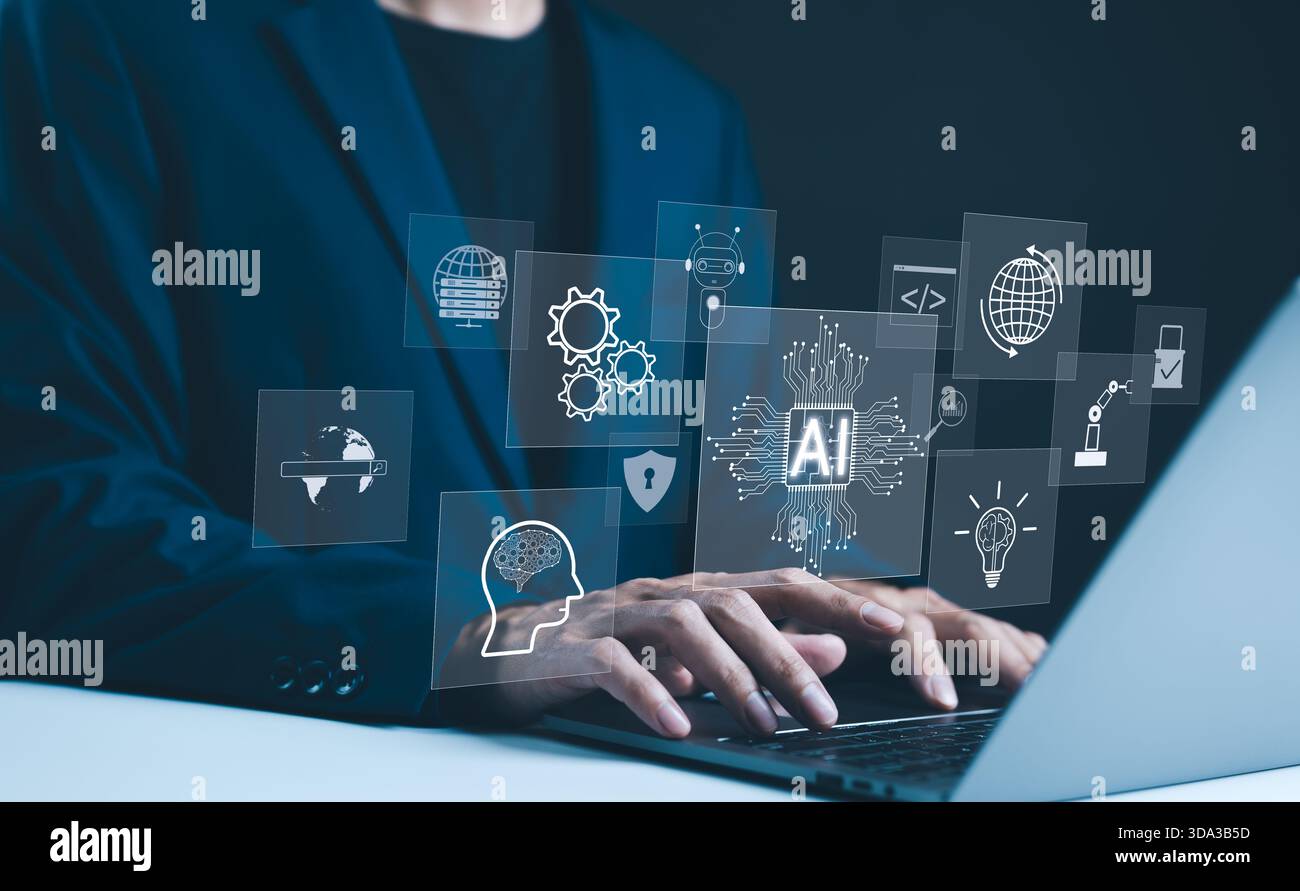 KI, Technologie-Konzept der künstlichen Intelligenz. Professioneller Geschäftsmann, der mit einer konzeptionellen Schnittstelle für künstliche Intelligenz (KI) arbeitet, umgeben Stockfoto