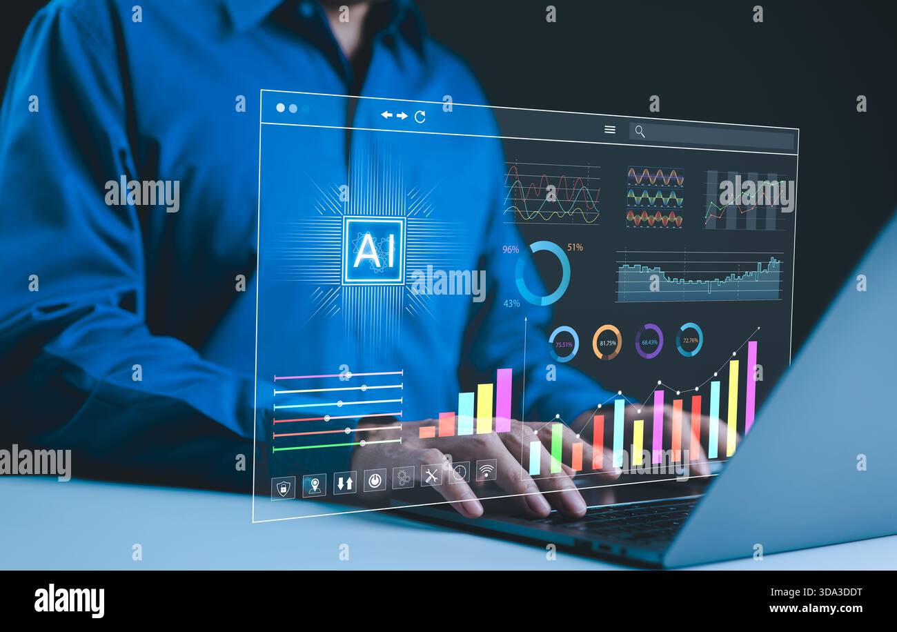 Analyse von Unternehmensdaten. Geschäftsleute nutzen KI-Technologie, um KPI-Daten auf futuristischen digitalen Schnittstellen zu analysieren. Bildschirm zeigt Diagramme, Dashboard-Cha Stockfoto
