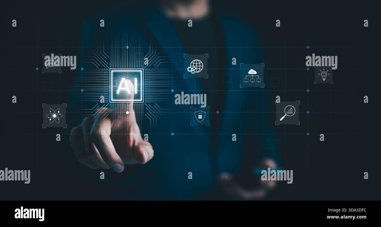 KI, Künstliche Intelligenz Konzept. Geschäftsmann, der mit digitalen Ikonen interagiert, die künstliche Intelligenz, Technologie und Innovation repräsentieren Stockfoto
