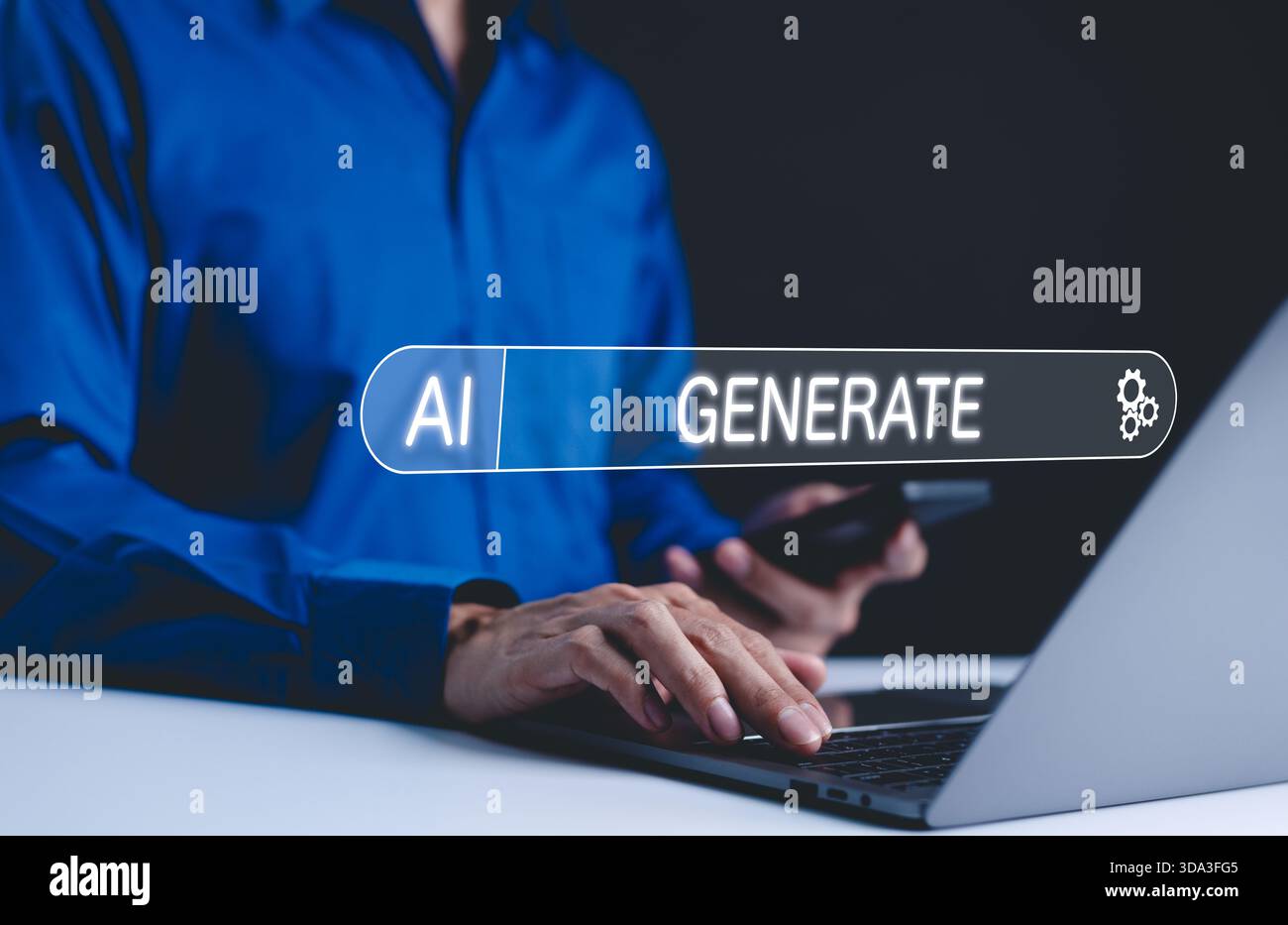 KI, Technologie-Konzept der künstlichen Intelligenz. Eine Person verwendet AI Generate für Image Generator, Video Generator, Text Generator Web App oder Online Tool, Stockfoto