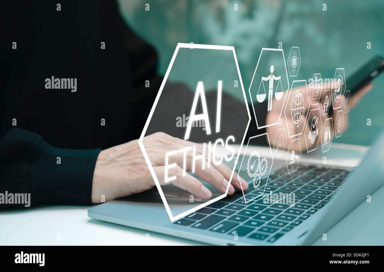 KI-Ethik und Verantwortung im Technologiekonzept. KI-Ethik und verantwortliche Praktiken der künstlichen Intelligenz. Ethische KI-Entwicklung, Fairness, Stockfoto