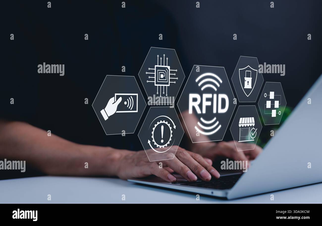 RFID, Funkfrequenzidentifizierungstechnologie und digitale Sicherheitskonzepte. RFID-Schnittstelle symbolisiert kontaktlose Technologie, digitale Sicherheit, Stockfoto