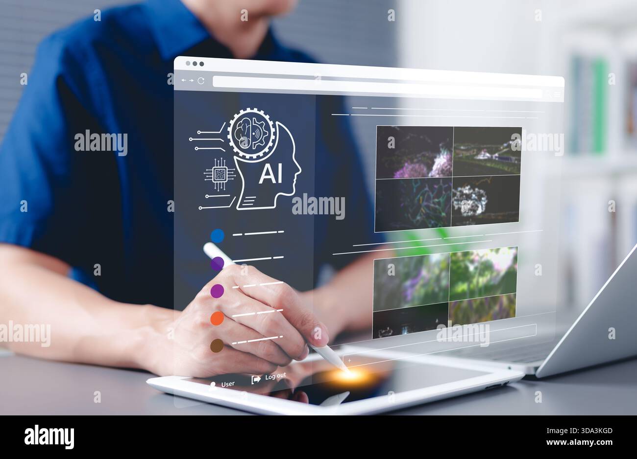 KI-Bilderstellungstechnologie. Person, die digitalen Stift und Tablet für KI-Software verwendet, um Bilder zu generieren, Bildschirmdarstellung, AI Prompt, Bild generiert Stockfoto