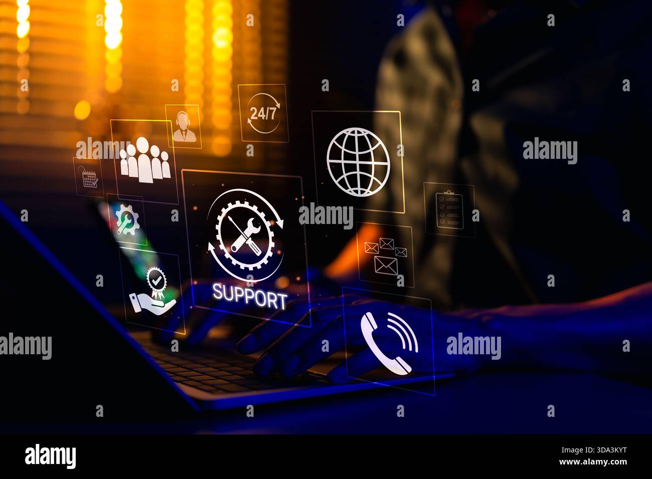 Technischer Support und Kundenservicekonzept. Digitales Symbol für technischen Support, Kundendienst und 24/7 Support. Stockfoto