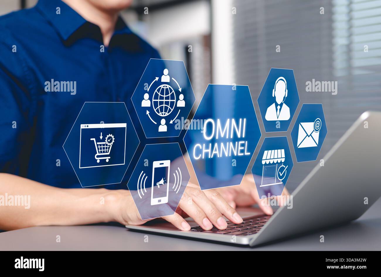 Omni Channel Digital Marketing und E-Commerce Konzept. Geschäftsmann mit kanalübergreifendem Marktsymbol, Kundenbindung, Online-Verkauf, Printwerbung, Websit Stockfoto