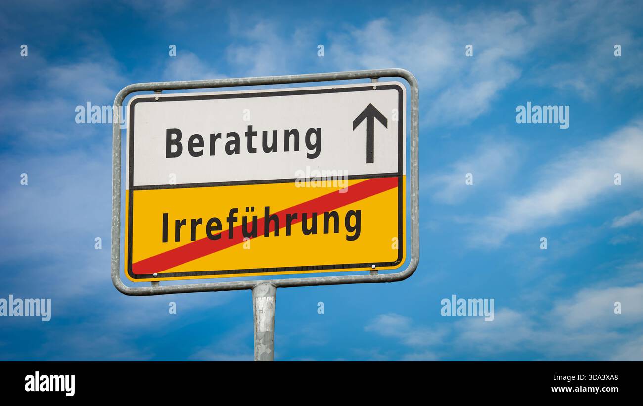 Ein Bild mit einem Hinweisschild, das in zwei verschiedene Richtungen auf Deutsch zeigt. Eine Richtung zeigt auf einen Anwalt, die andere auf Täuschung. Stockfoto