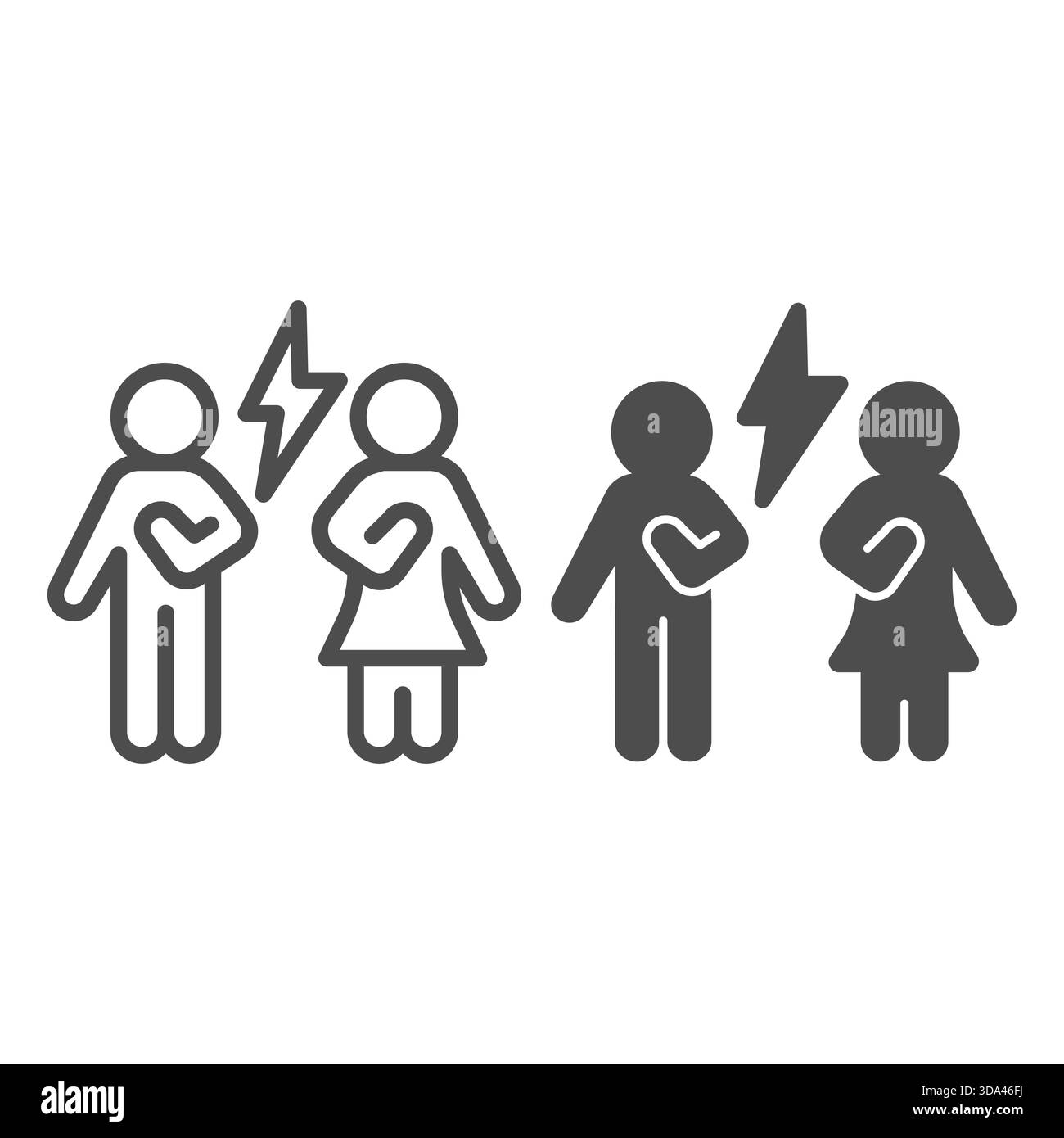 Ein Paar und eine Blitzlinie und ein Symbol, Familientherapie-Konzept. Vektorgrafiken. Mann mit Frau und Konflikt, Psychologieschild auf weißem Hintergrund, o Stock Vektor